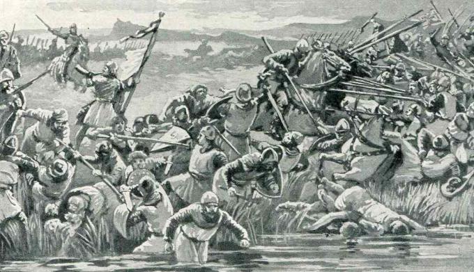 Soldați scoțieni împingând englezii în mlaștini.