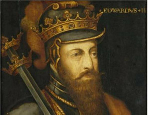 Edward al III-lea cu barba și purtând o armură.