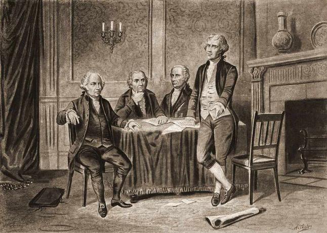Ilustrație a patru dintre părinții fondatori ai Statelor Unite, din stânga, John Adams, Robert Morris, Alexander Hamilton și Thomas Jefferson, 1774.