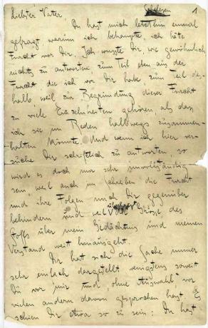 Prima pagină a „scrisorii către tatăl său” a lui Kafka.