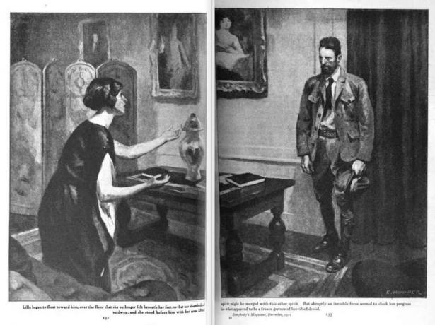 Ilustrație alb-negru a unei femei îngenuncheate și a unui soldat cu capul plecat.