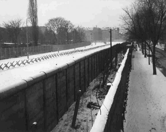 Liebenstrasse Vedere a zidului Berlinului, cu perete interior, șanț și baricade.