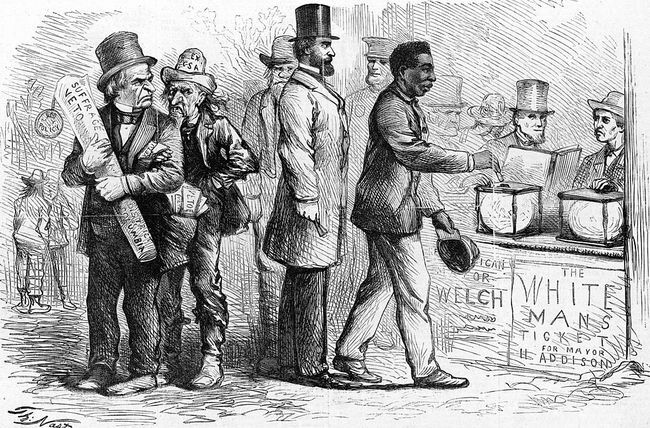 Martie 1867, caricatura politică Harper's Weekly de caricaturistul american Thomas Nast, înfățișând un afro-american bărbat care își aruncă votul într-o urne în timpul alegerilor din Georgetown, în timp ce Andrew Jackson și alții privesc nervos.