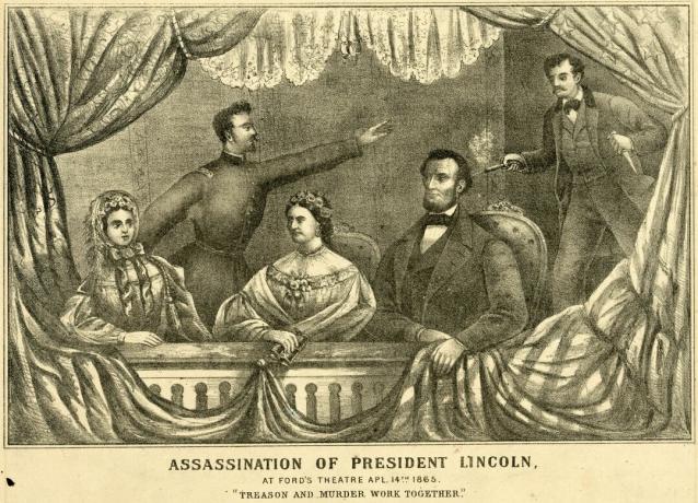 Asasinarea președintelui Lincoln la Ford's Theatre, 14 aprilie 1865, așa cum este descris în această litografie de H.H. Lloyd & Co.