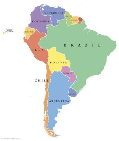 Harta politică a statelor unice din America de Sud