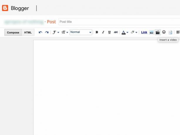 Fereastra Compuneți Blogger cu pictograma „Introduceți un videoclip”