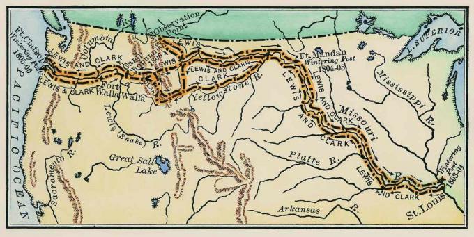 Harta expediției Lewis & Clark.