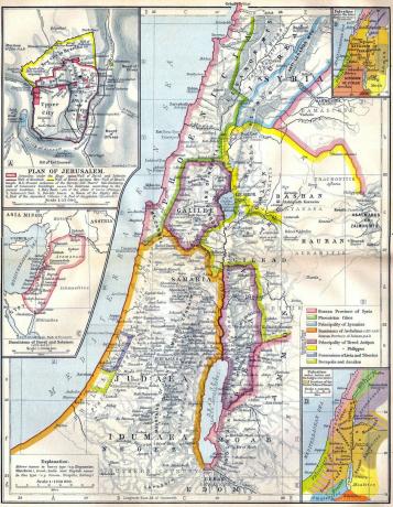 Harta Palestinei antice cu inserții care prezintă Ierusalimul și stăpânirile lui David, Solomon, Iosua și judecătorii