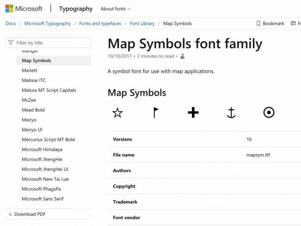 Ecranul familiei de fonturi Microsoft Map Symbols