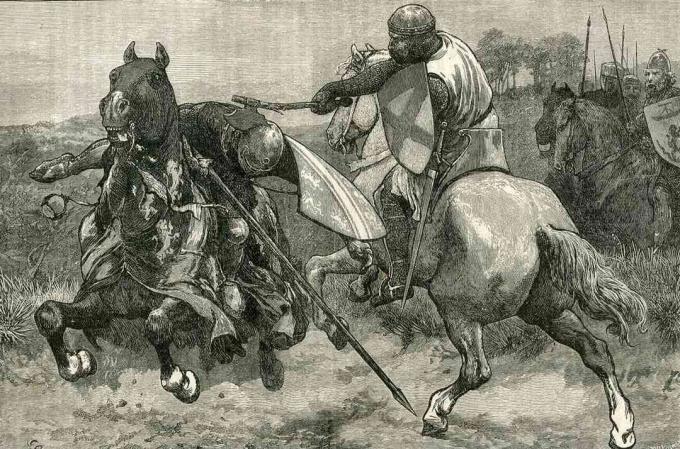 Robert the Bruce îl lovește pe Henry de Bohun în cap cu un topor.