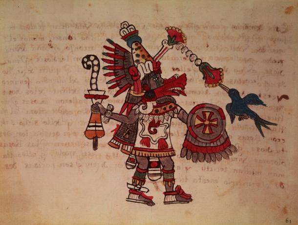 Quetzalcoatl, zeul toltecă și aztecă; șarpele plumed, zeul vântului, învățarea și preoția, stăpânul vieții, creator și civilizator, patron al fiecărei arte și inventator al metalurgiei (manuscris)