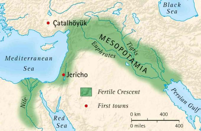 Harta semilunei fertile din Mesopotamia și Egipt și locația primelor orașe