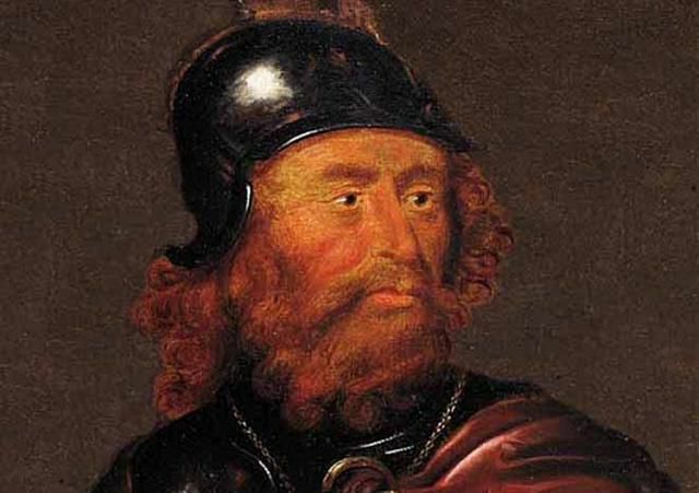 Pictura regelui Robert Bruce, purtând o cască.