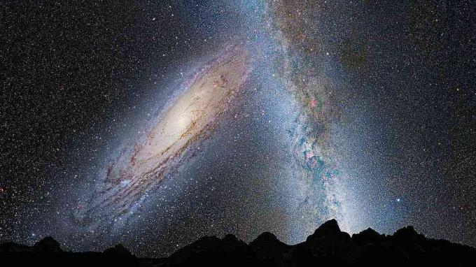 Andromeda și Calea Lactee se ciocnesc, așa cum se vede de la suprafața unei planete din interiorul galaxiei noastre.