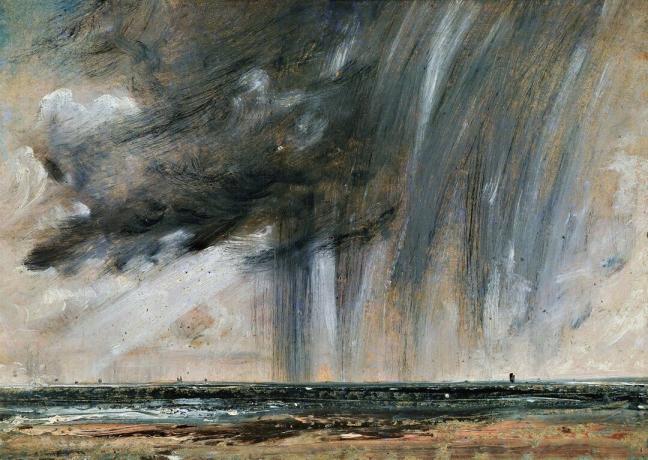 Furtună de ploaie peste mare, studiu peisaj marin cu nori de ploaie, ca 1824-1828, de John Constable (1776-1837), ulei pe hârtie așezat pe pânză, 22,2x31 cm