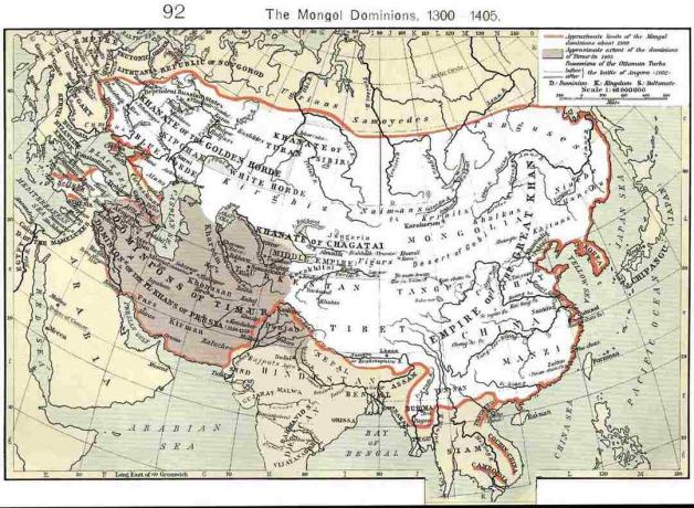 Harta care arată dominațiile mongole în jurul anilor 1300 - 1405.