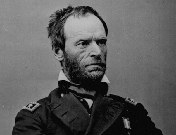 Generalul maior William T. Sherman era așezat într-o uniformă albastră a armatei Uniunii.