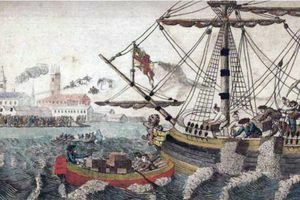 Pictura petrecerii ceaiului din Boston arătând oamenilor care aruncă ceaiul în portul Boston.