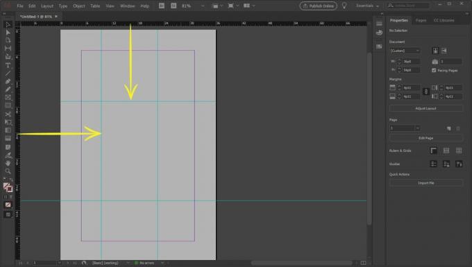 O captură de ecran a InDesign cu săgeți care indică glisarea ghidurilor de la rigle