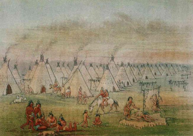 Gravura unui sat Comanche de George Catlin