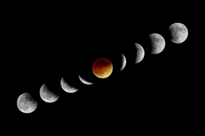 Luna apare cel mai roșu sau „sângeros” la aproape și aproape totalitatea unei eclipse lunare.