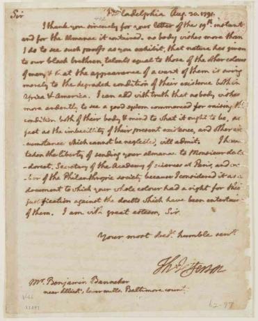 Scrisoarea din 1791 a lui Thomas Jefferson către Benjamin Banneker