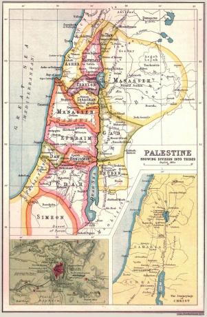 Harta Palestinei, care prezintă teritoriile celor 12 triburi ale Israelului cu inserții din Ierusalim și din 