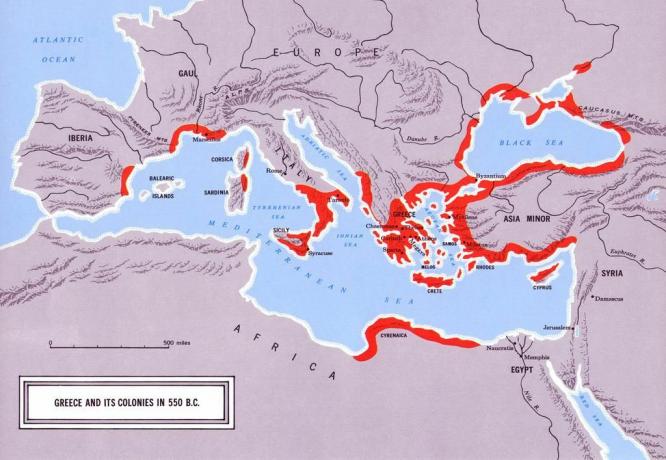 Harta care arată Grecia și coloniile sale în 550 î.C.