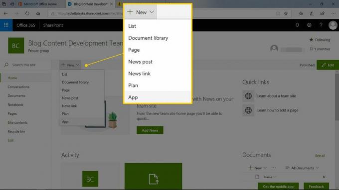 Meniu drop-down pentru o nouă categorie de aplicații pe pagina de creare Sharepoint