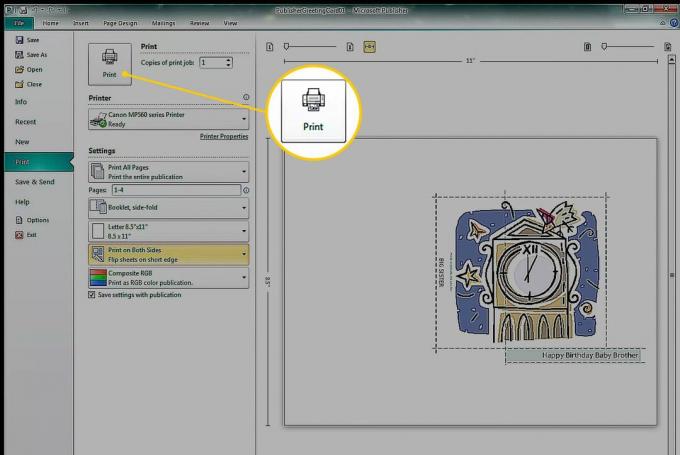 Buton de tipărire în Microsoft Publisher