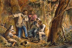 Desen color complet de Nat Turner și alți sclavi dintr-o zonă împădurită.