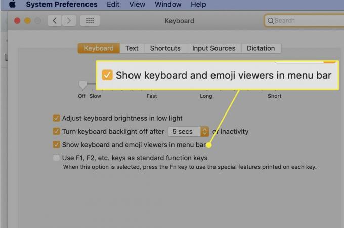 Setarea „Afișați vizualizatorii tastaturii și emoji-urilor în bara de meniu”