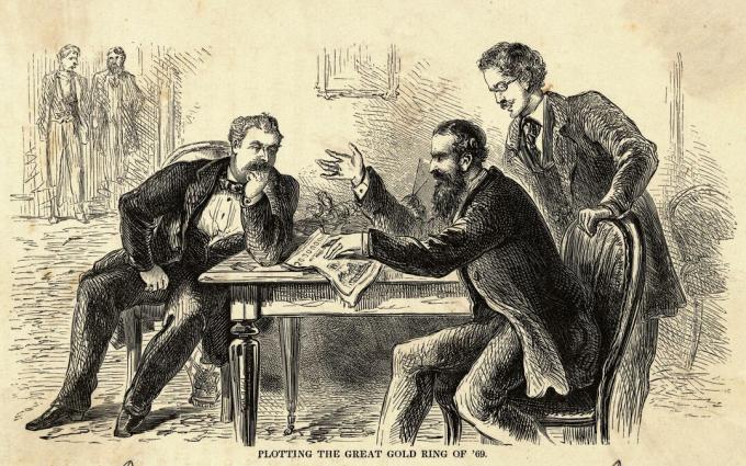 James Fisk (stânga) și Jay Gould (așezați la dreapta) desenând Marele Inel de Aur din 1869. Gravare.