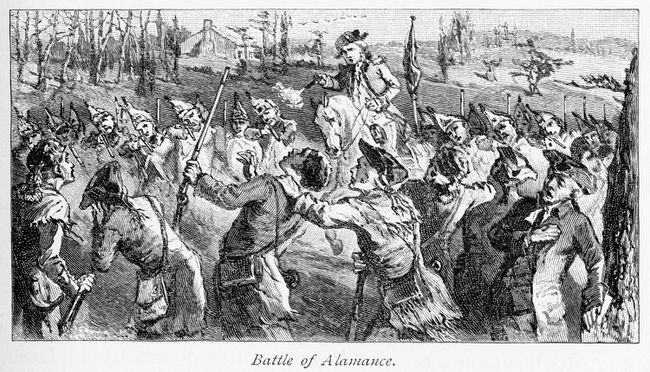 Forțele de miliție ale guvernatorului Tryon trăgând asupra Regulatorilor în timpul Bătăliei de la Alamance, bătălia finală a Războiului Regulamentelor.
