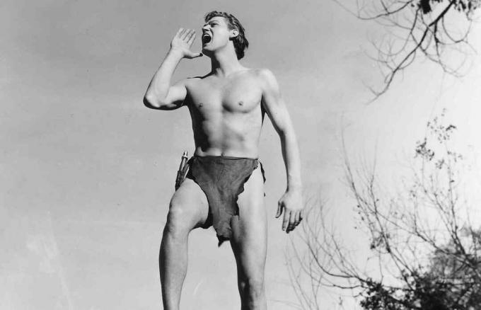 Johnny Weissmuller portretizând pe Tarzan