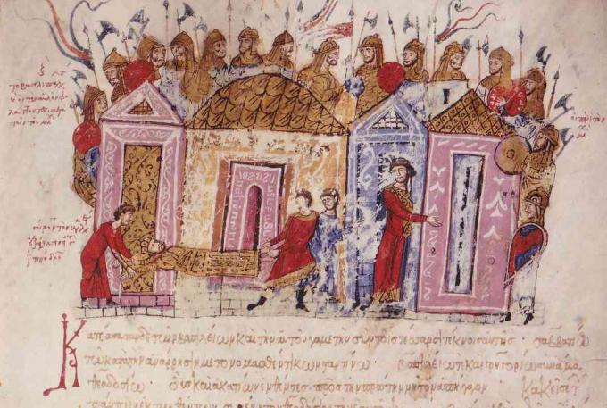 Garda Varangiană (Miniatura din Skylitzes Madrid), secolele XI-XII. Colecția Biblioteca Nacional, Madrid, Spania.