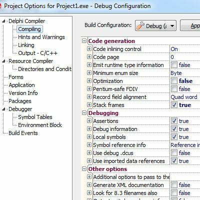 Configurarea construirii de depanare în Delphi