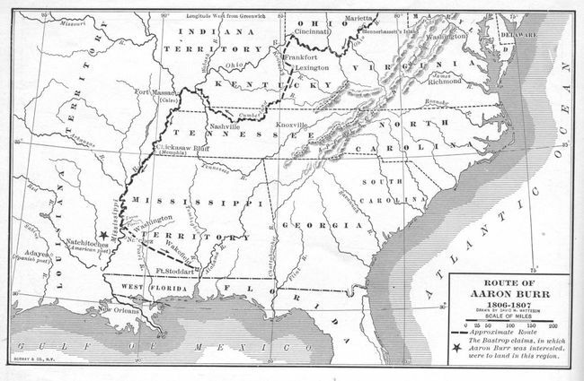 Harta ilustrează traseul aproximativ al fostului vicepreședinte american Aaron Burr în timpul călătoriei sale pe râul Mississippi în ceea ce a devenit cunoscut sub numele de conspirația Burr în 1806-1807.