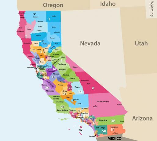 Harta celor 53 de districte din Congresul SUA din California.